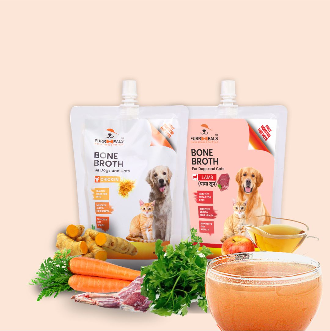 FurrMeals Chicken & Lamb Bone Broth packs with ingredients laid out